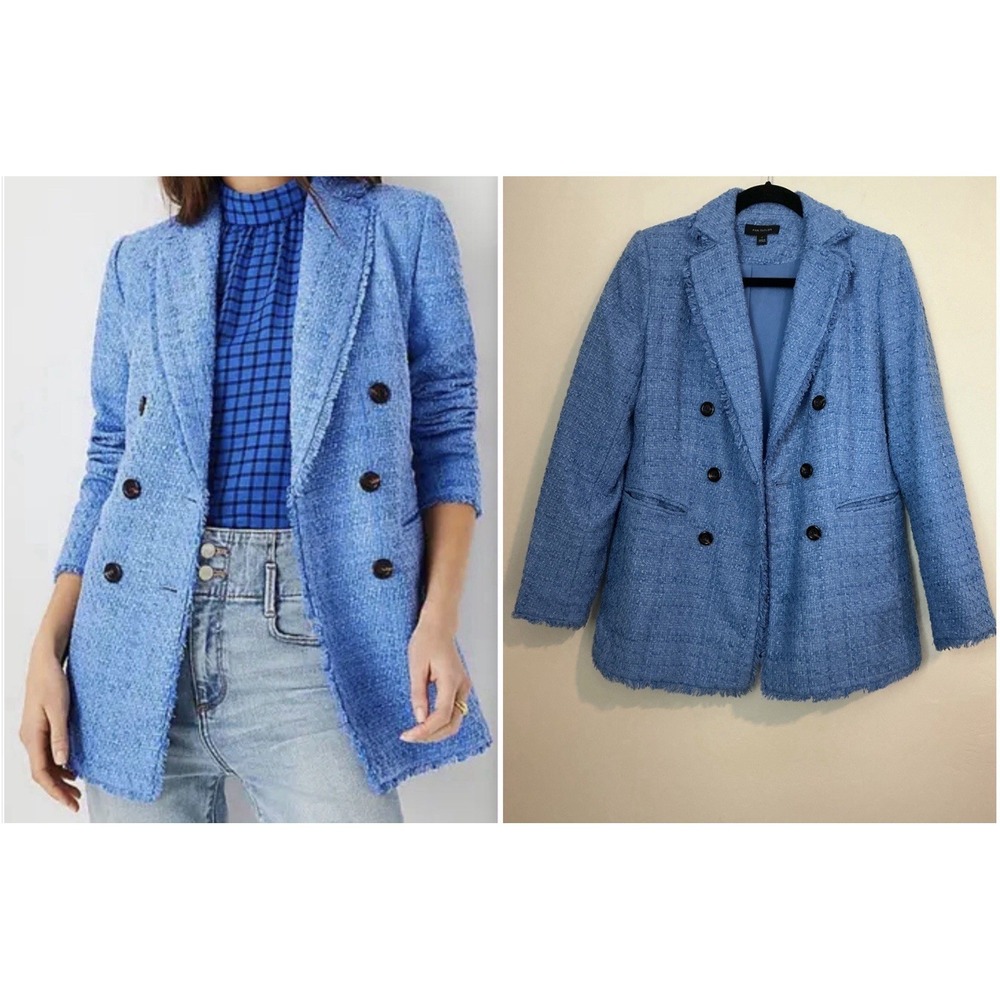 Ann Taylor Fringe Tweed Double Breasted Blazer Blue Sz 2